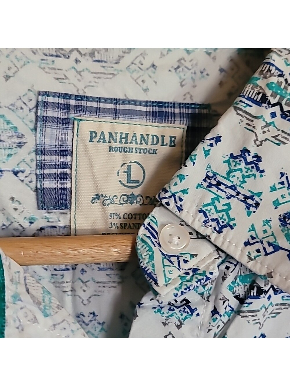 Panhandle Rough Stock Pearl Snap Top, Size L, White, Teal, Navy, & Grey, Western - Picture 5 of 8